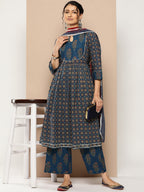 KSUT (House of Varanga) Blue And Rust Yoke Style Anarkali Paired With Printed Palazzo And Ombre Dupatta | Grocsy