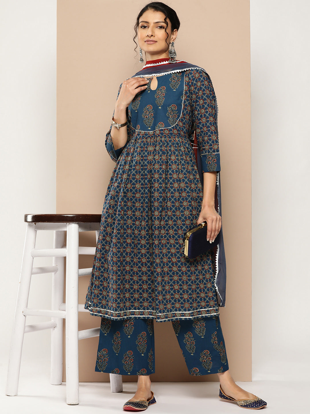 KSUT (House of Varanga) Blue And Rust Yoke Style Anarkali Paired With Printed Palazzo And Ombre Dupatta | Grocsy
