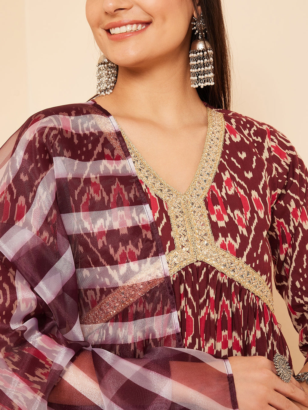 InWeave Women's Wine Ikkat Print Alia Cut Gota Work Kurta Set W Wine Leh Dup | Grocsy