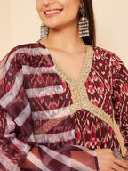 InWeave Women's Wine Ikkat Print Alia Cut Gota Work Kurta Set W Wine Leh Dup | Grocsy