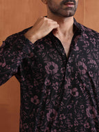 trueBrowns Men's Black Floral Printed Short Kurta | Grocsy