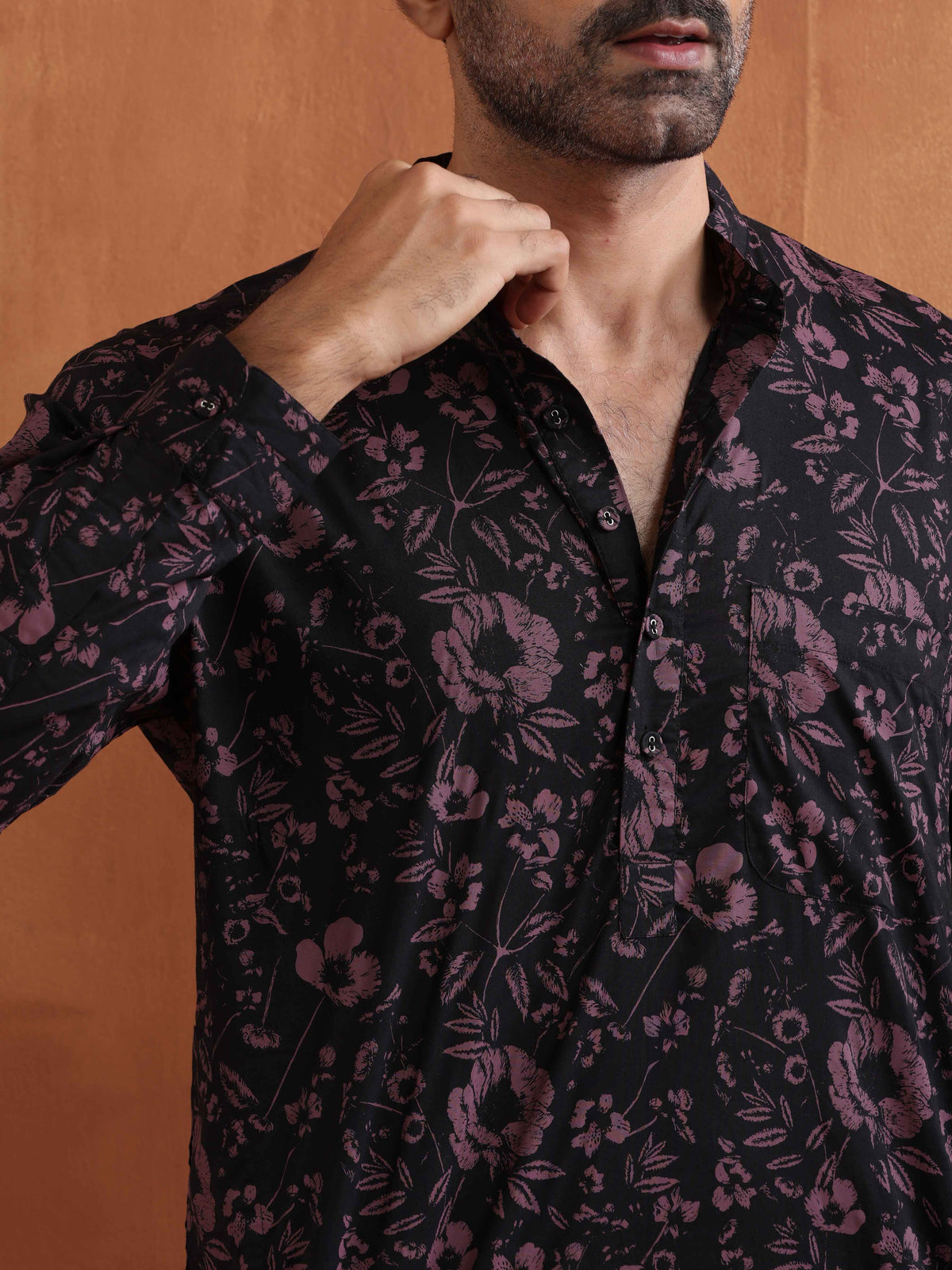 trueBrowns Men's Black Floral Printed Short Kurta | Grocsy