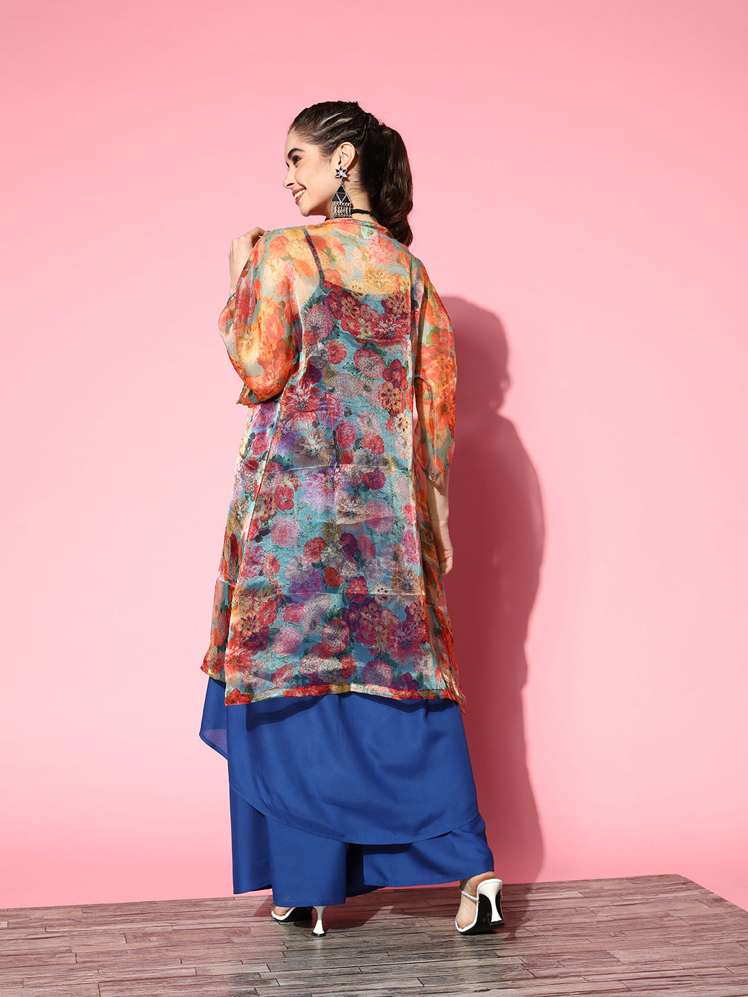 InWeave Ink Blue Strappy Set With Green Floral Long Organza Cape | Grocsy