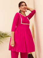 InWeave Women's Fuchsia Round Neck Square Gota Work Kurta Pant Set | Grocsy