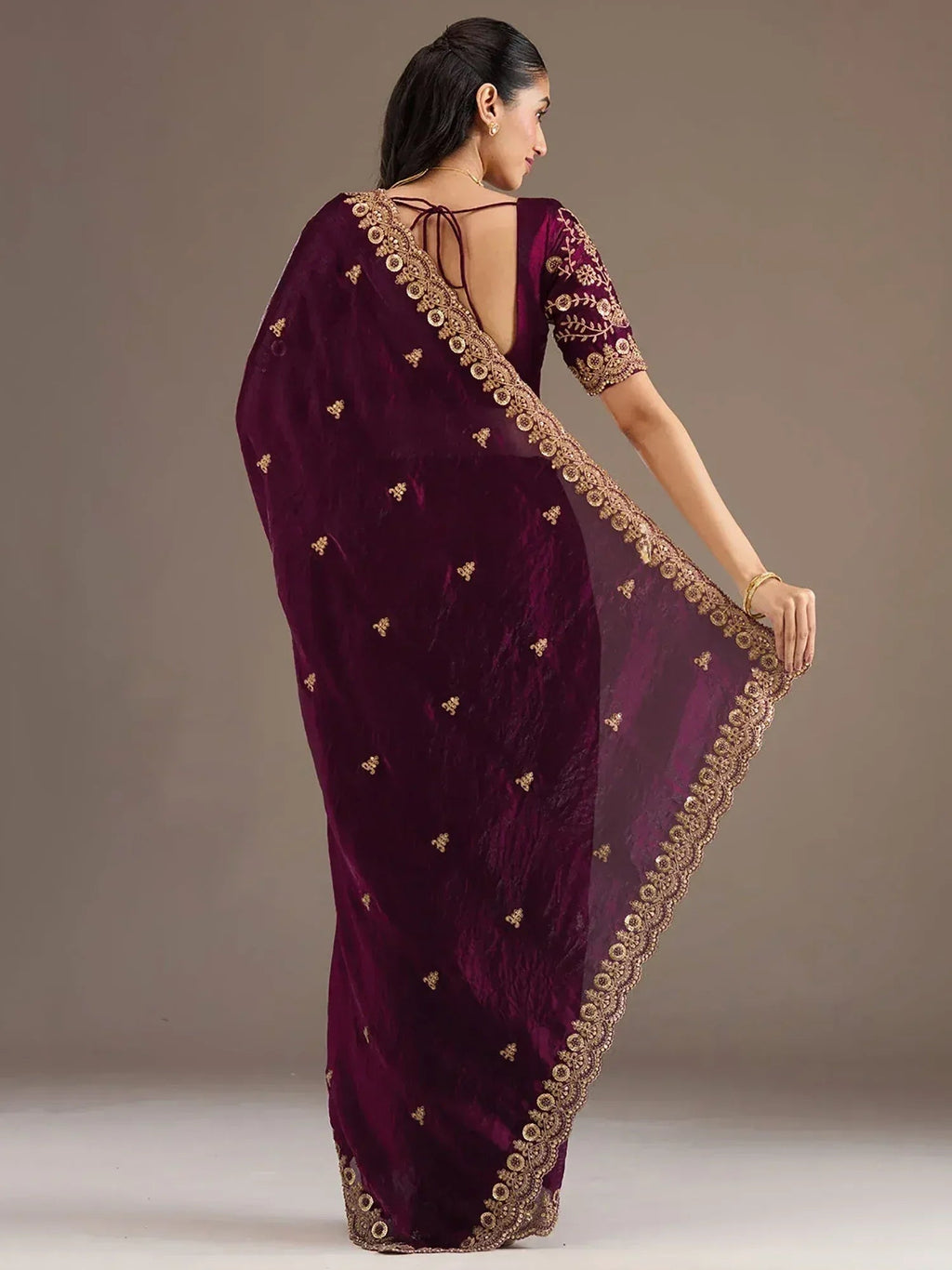 Tulsi Art Stunning Wine Embroidered Silk Reception Wear Saree With Blouse | Grocsy