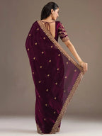 Tulsi Art Stunning Wine Embroidered Silk Reception Wear Saree With Blouse | Grocsy