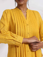 trueBrowns Yellow Cotton Pleated Shirt Kurta Set | Grocsy