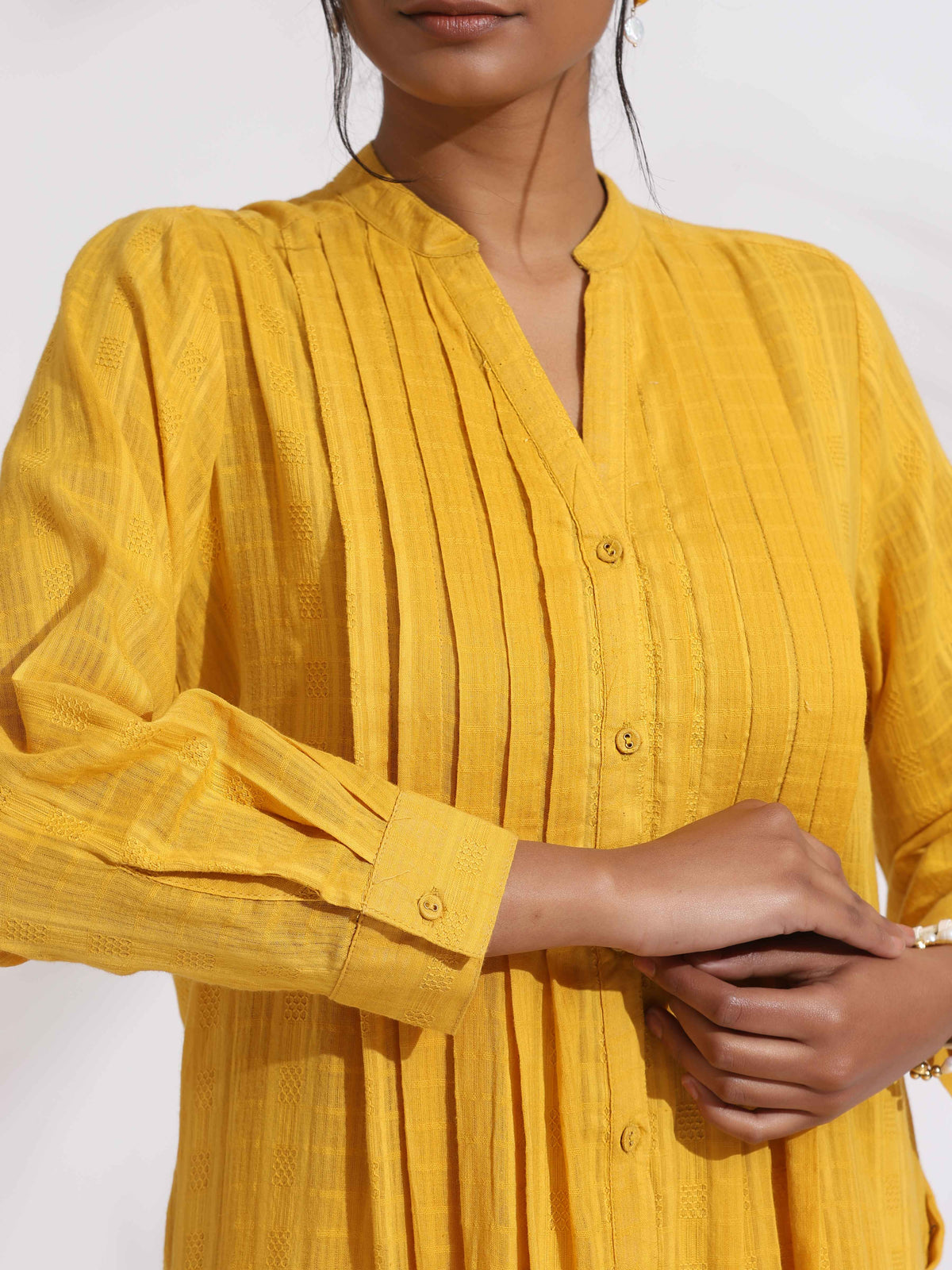 trueBrowns Yellow Cotton Pleated Shirt Kurta Set | Grocsy