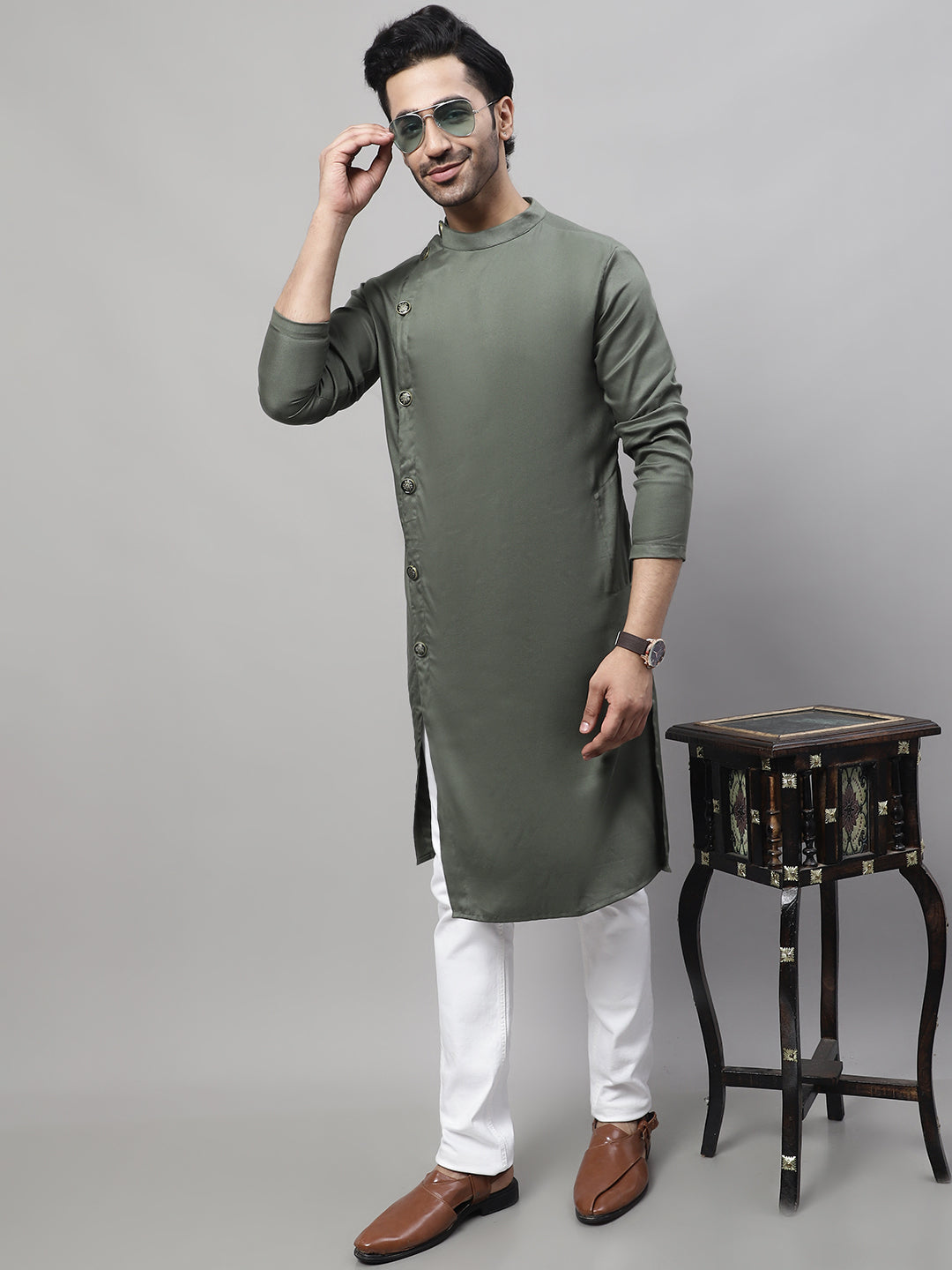 Even Apparels Green Sherwani Kurta With Asymetrical Cut | Grocsy