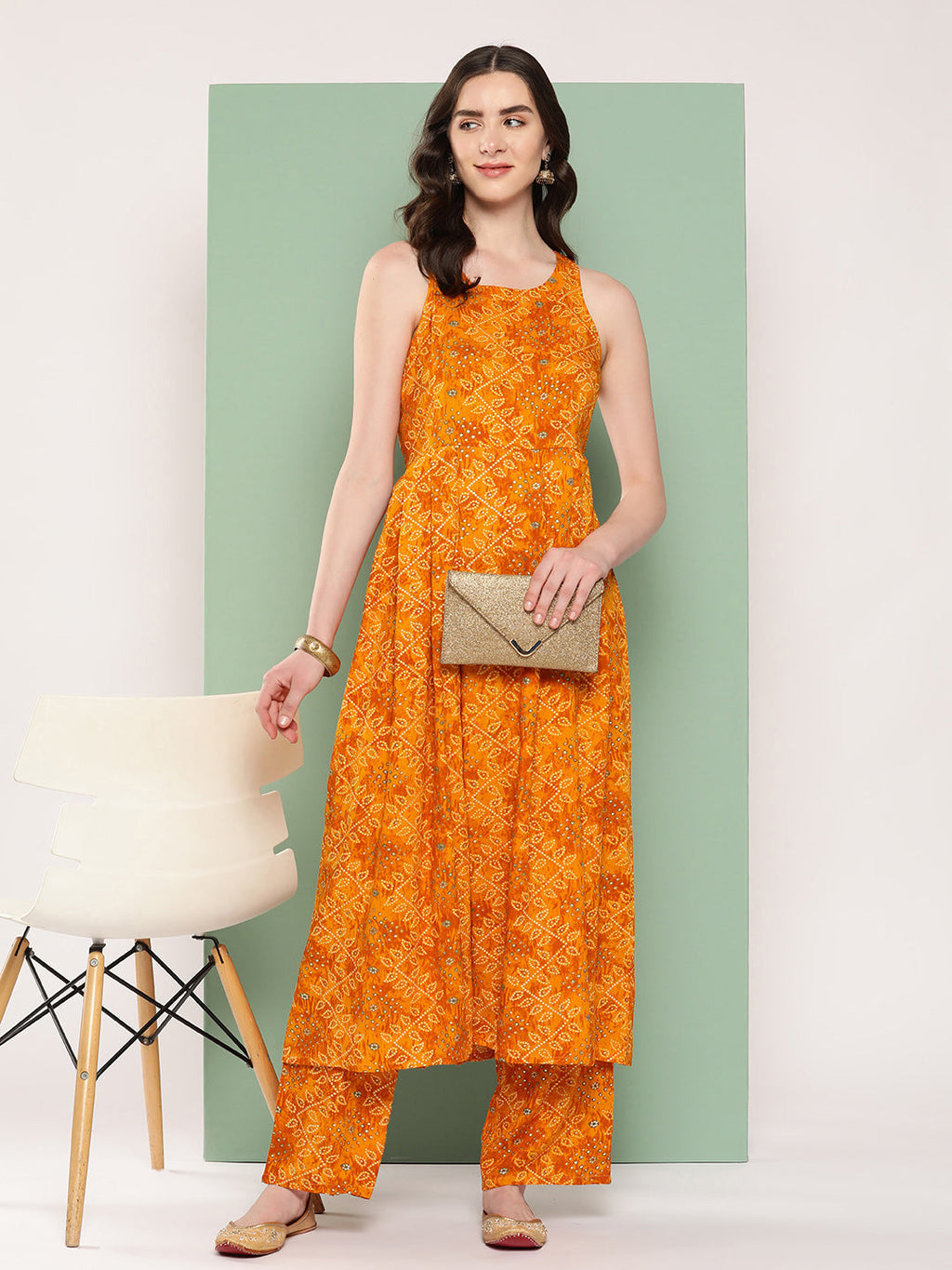 InWeave Women's Muatsrd Bandhej Print Raisa Back Detial Long Coords Set | Grocsy