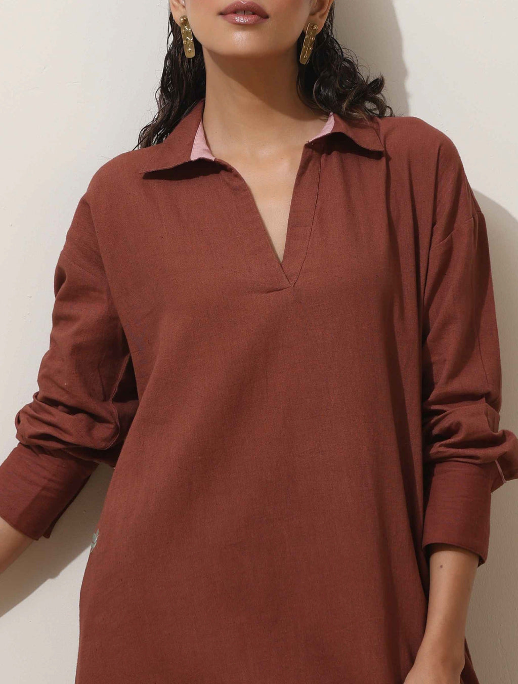 trueBrowns Brown Cotton Linen Kurta Pant Set | Grocsy