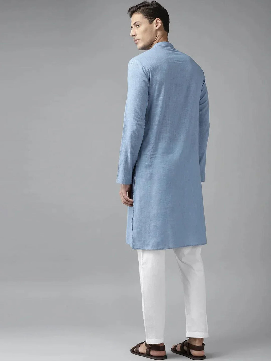Fabmade Men Blue Cotton Linen Kurta | Grocsy