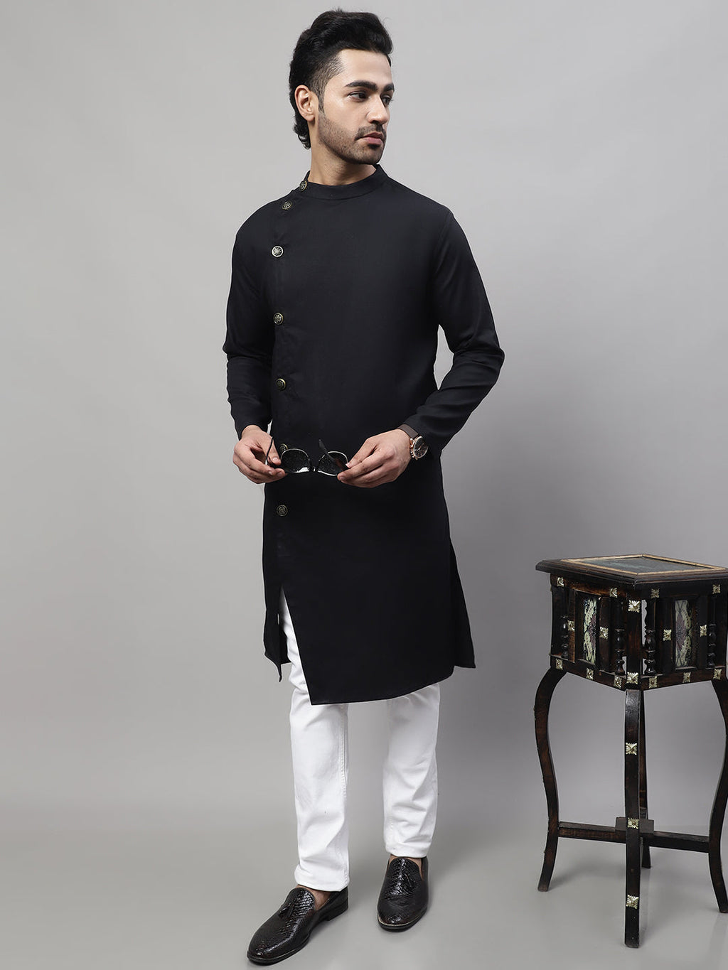 Even Apparels Black Sherwani Kurta With Asymetrical Cut | Grocsy