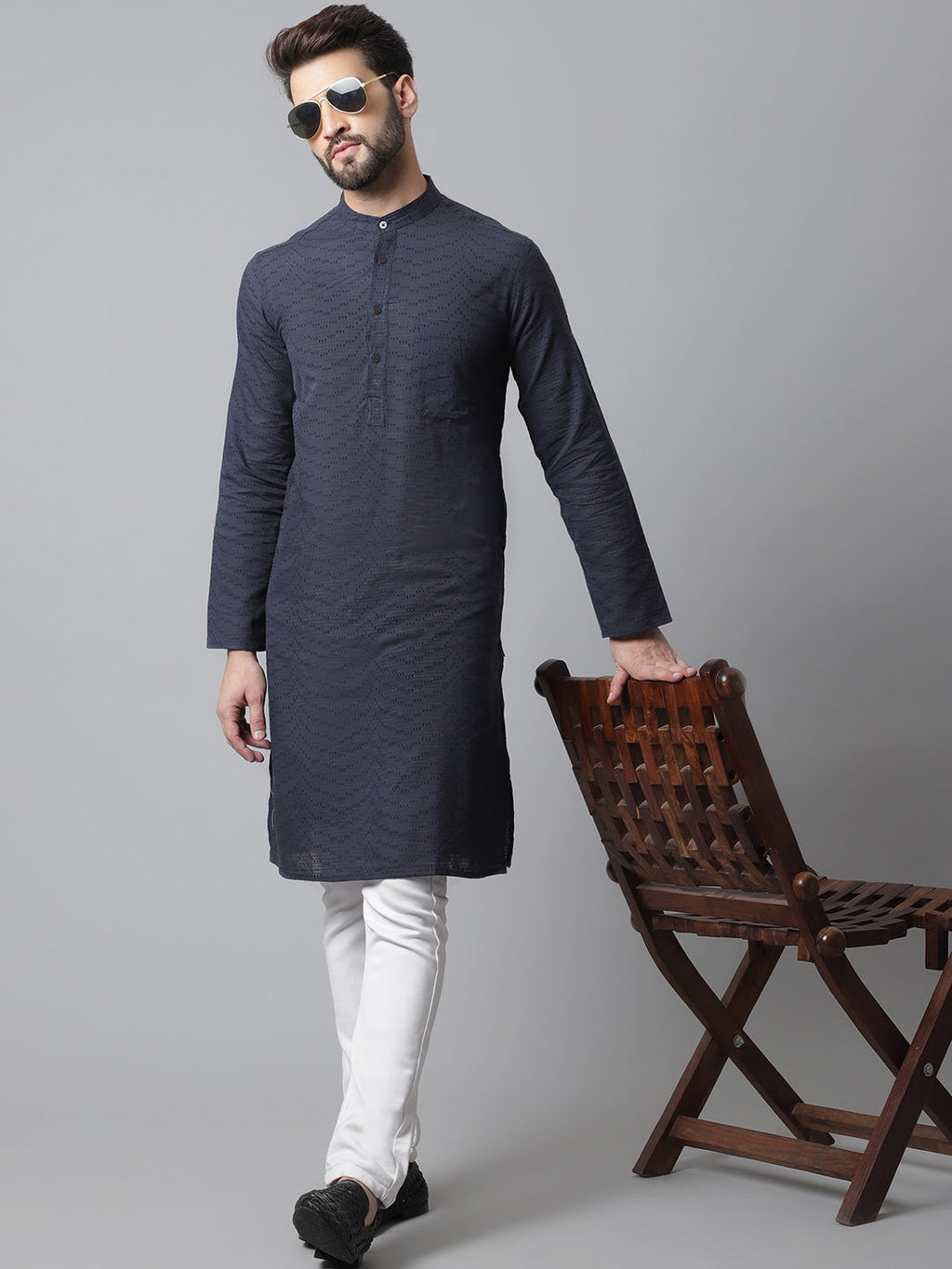Even Apparels Blue Pure Cotton Kurta With Band Collar | Grocsy