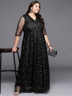 Ahalyaa Plus Size Printed Net V-neck Maxi Ethnic Dress | Grocsy