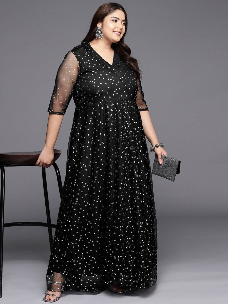 Ahalyaa Plus Size Printed Net V-neck Maxi Ethnic Dress | Grocsy