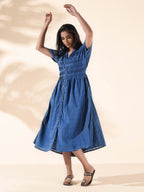 trueBrowns Blue Cotton Dobby Dress | Grocsy