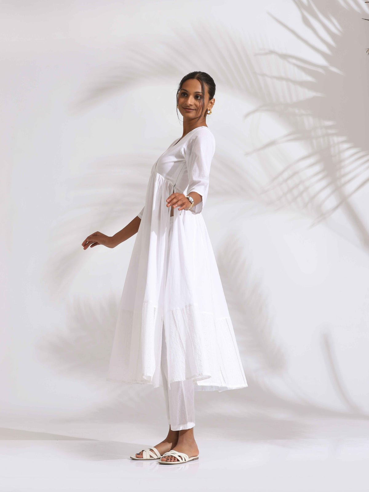 trueBrowns White Cotton Schiffli Flared Anarkali Kurta Set | Grocsy