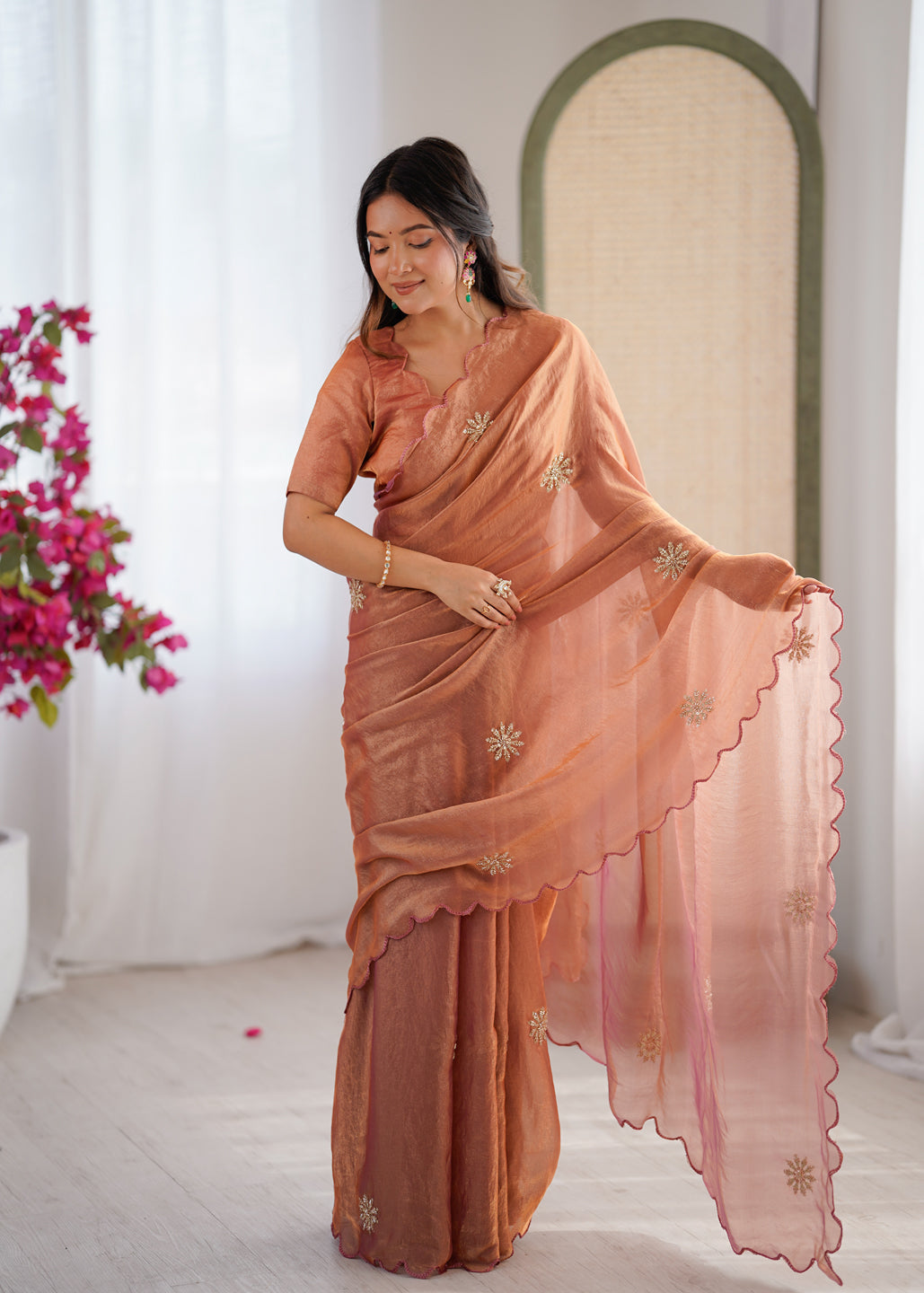 Evanik Designer Heavy Fendy Satin With Beads Embroidered Work Saree With Unstitched Blouse | Grocsy