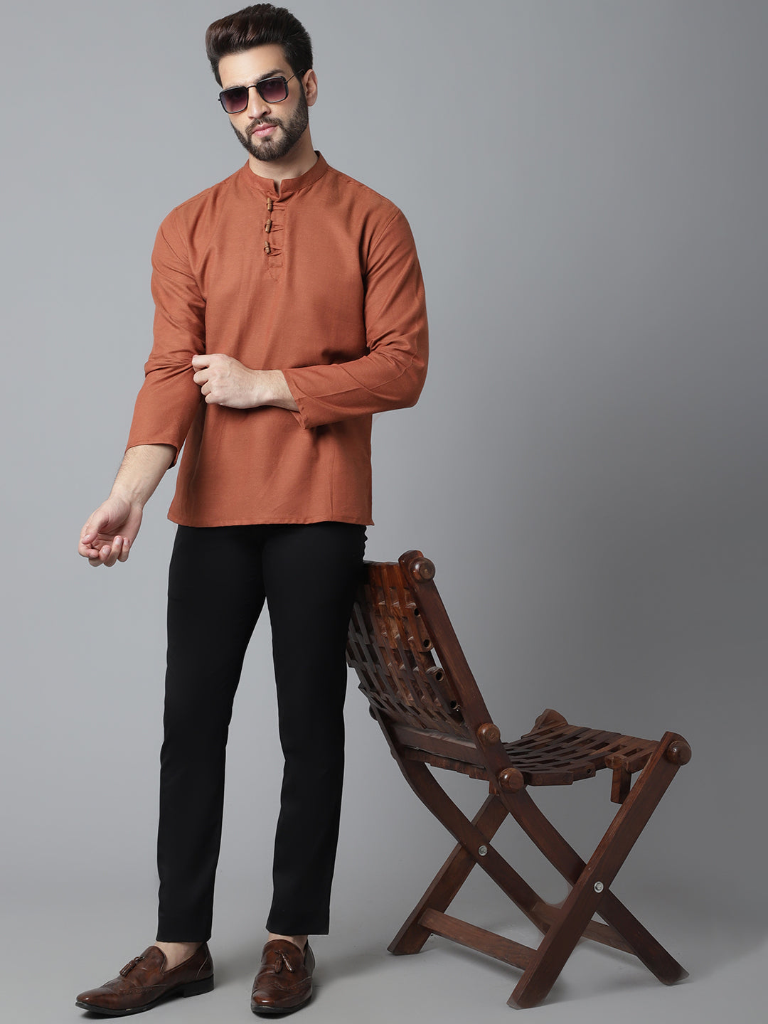 Even Apparels Rust Pure Cotton Kurta With Band Collar | Grocsy