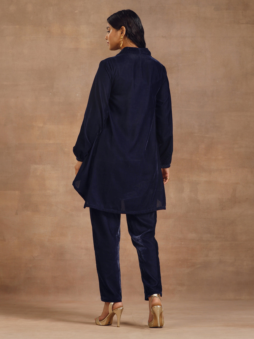 trueBrowns Midnight Blue Velvet Solid Co-ord Set | Grocsy
