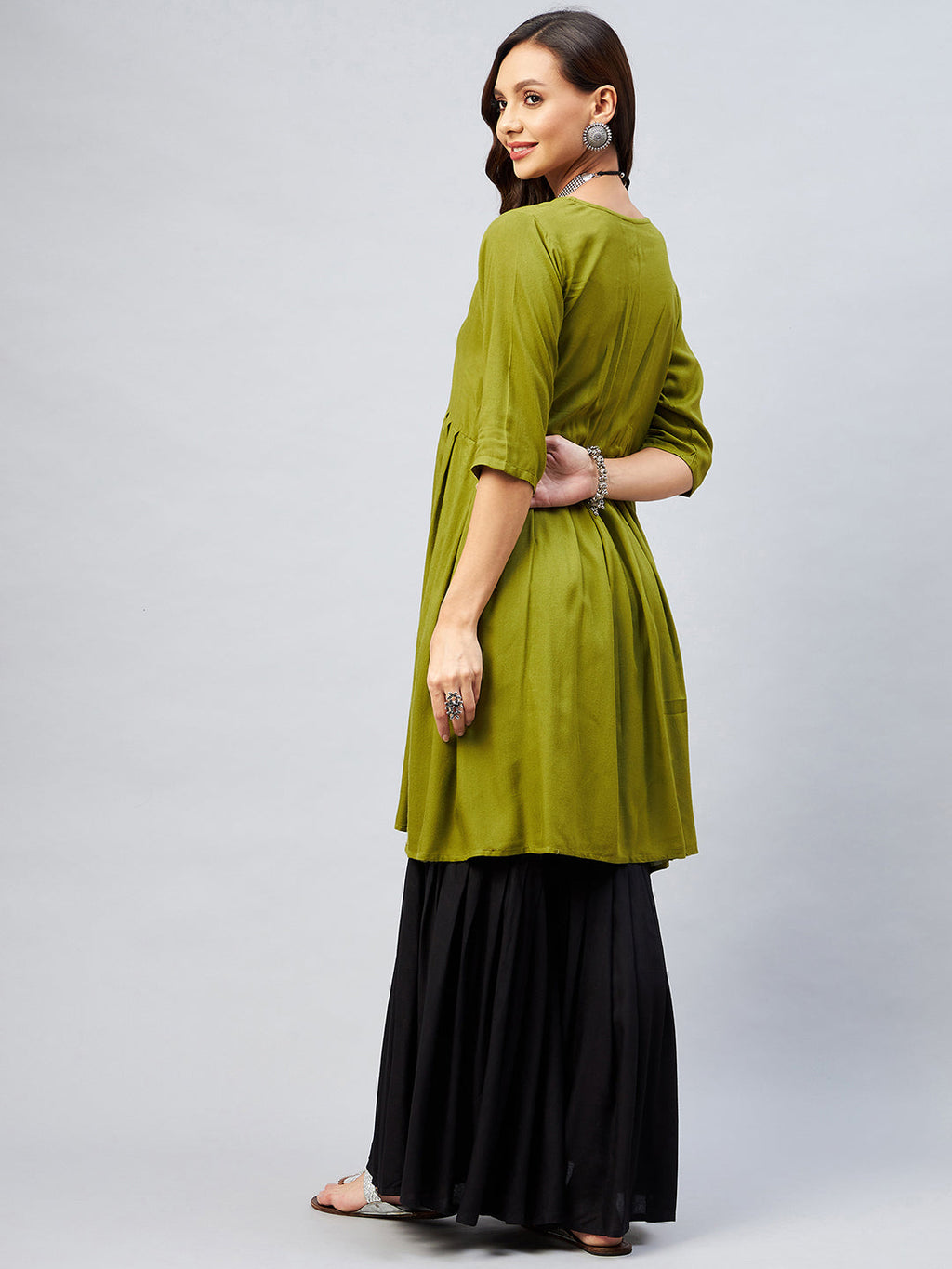 InWeave Women's Olive Short Anarkali Kurta | Grocsy