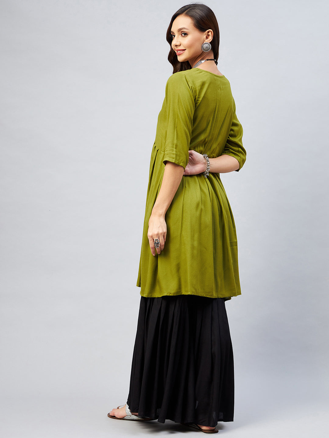 InWeave Women's Olive Short Anarkali Kurta | Grocsy