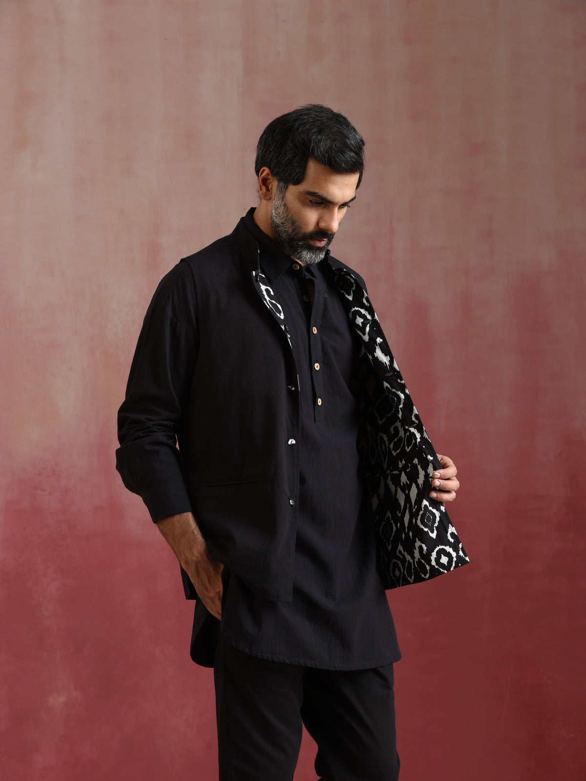 trueBrowns Men's Black Ikat Print Cotton Reversible Nehru Jacket | Grocsy