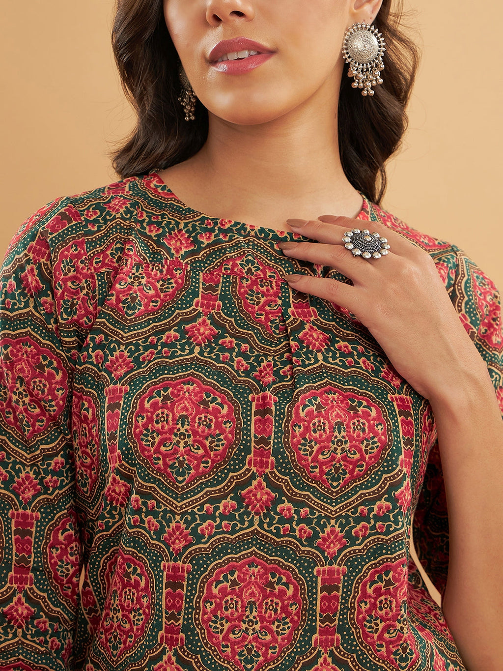 InWeave Women's Green Red Mughal Kalamkari Top | Grocsy