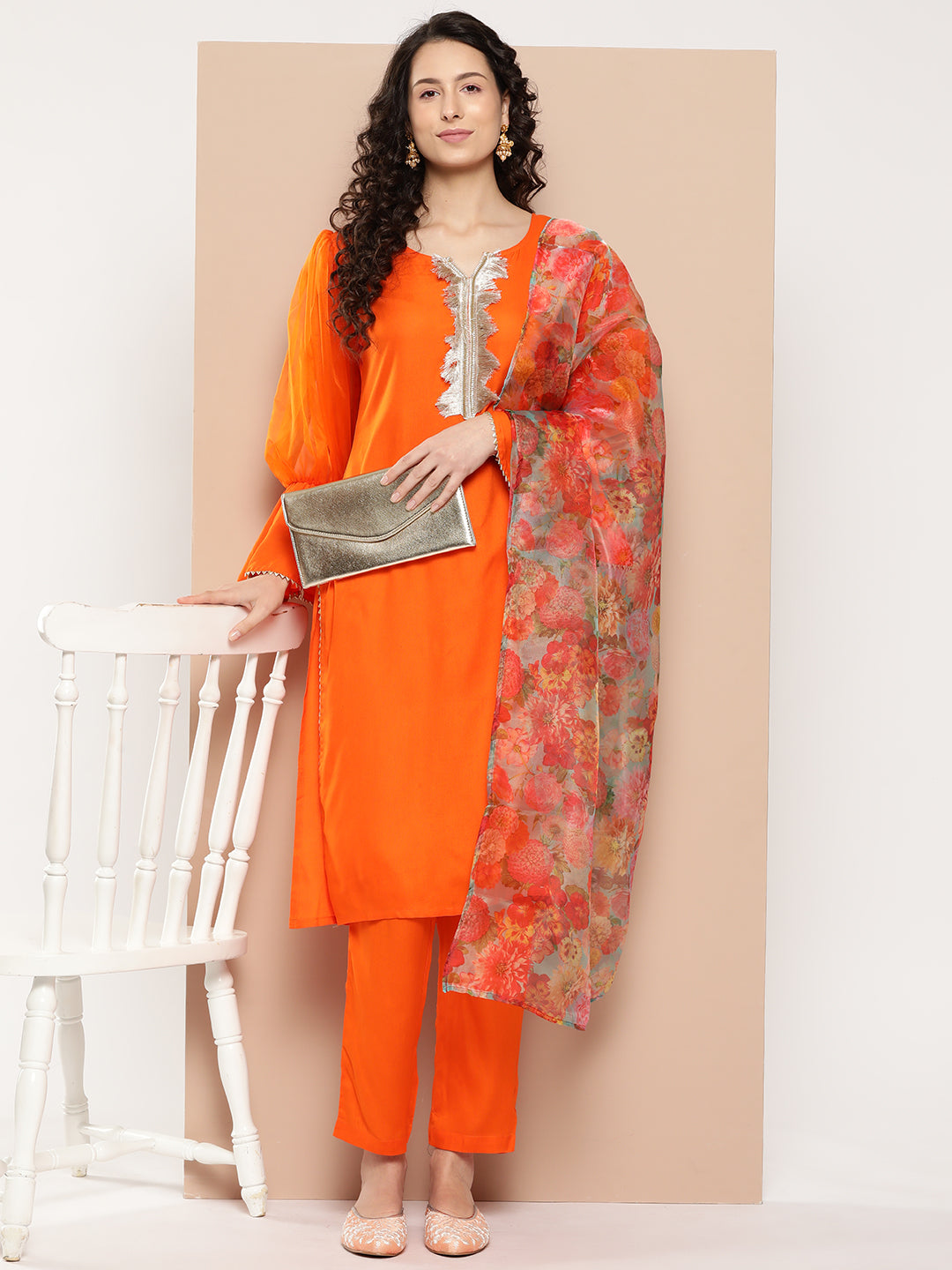 InWeave Women's Orange Organza Sleeve Kurta Set W Green Or Dupatta | Grocsy