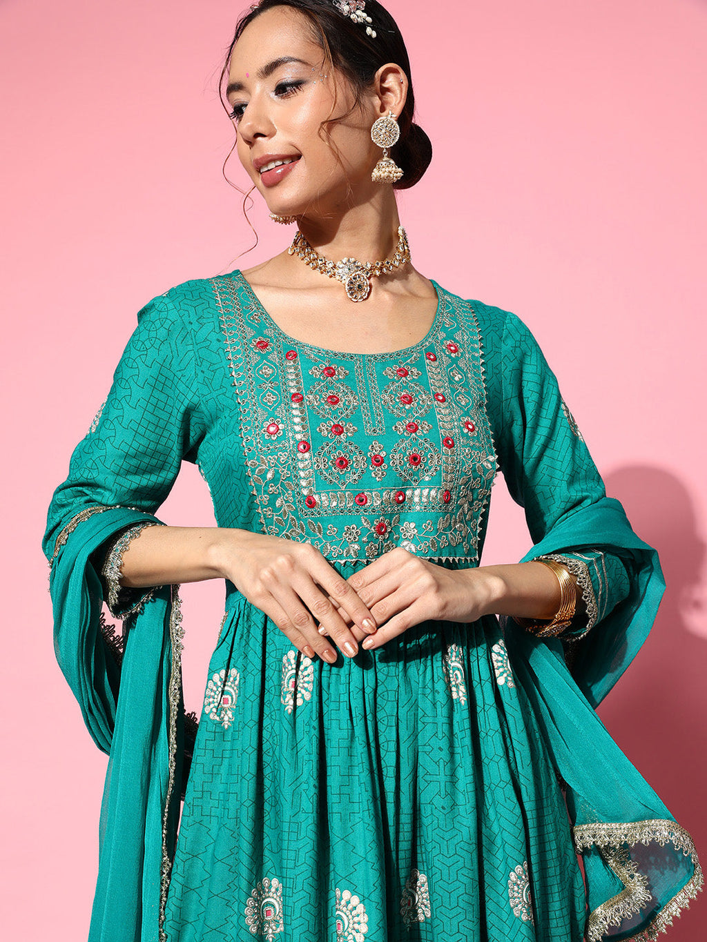 InWeave Women's Teal Nyra Cut Embroidered Kurta Set With Dupatta | Grocsy