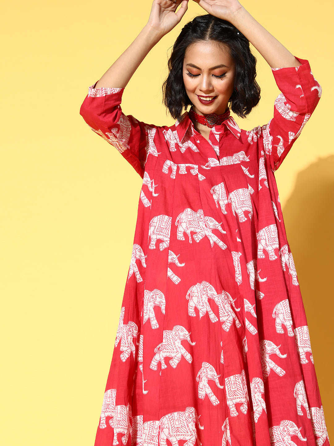 InWeave Red Elephant Flared Dress | Grocsy