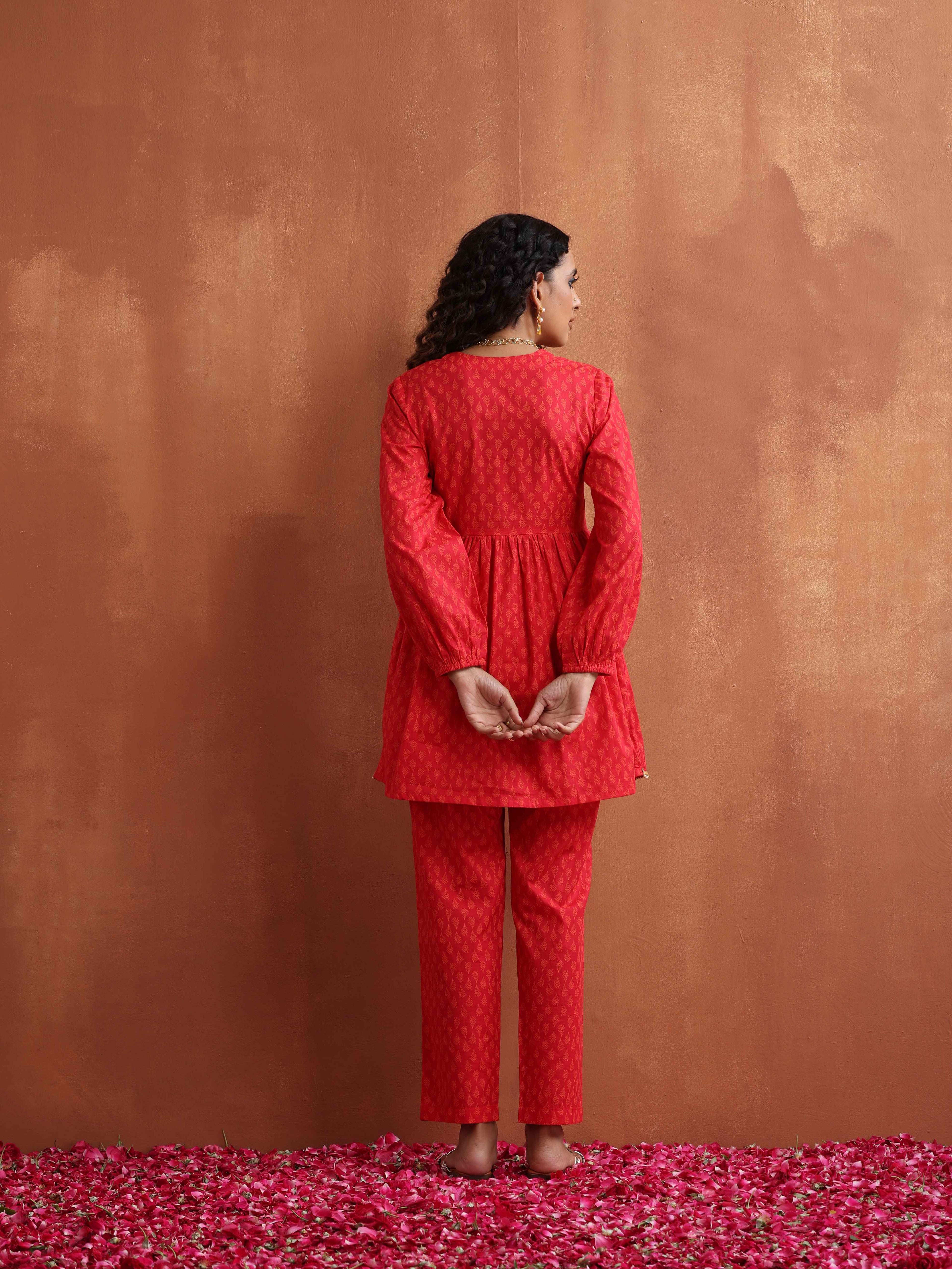 trueBrowns Red Print Angrakha Co-ord Set | Grocsy
