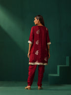 trueBrowns Maroon Floral Viscose Silk High Low Co-ord Set | Grocsy