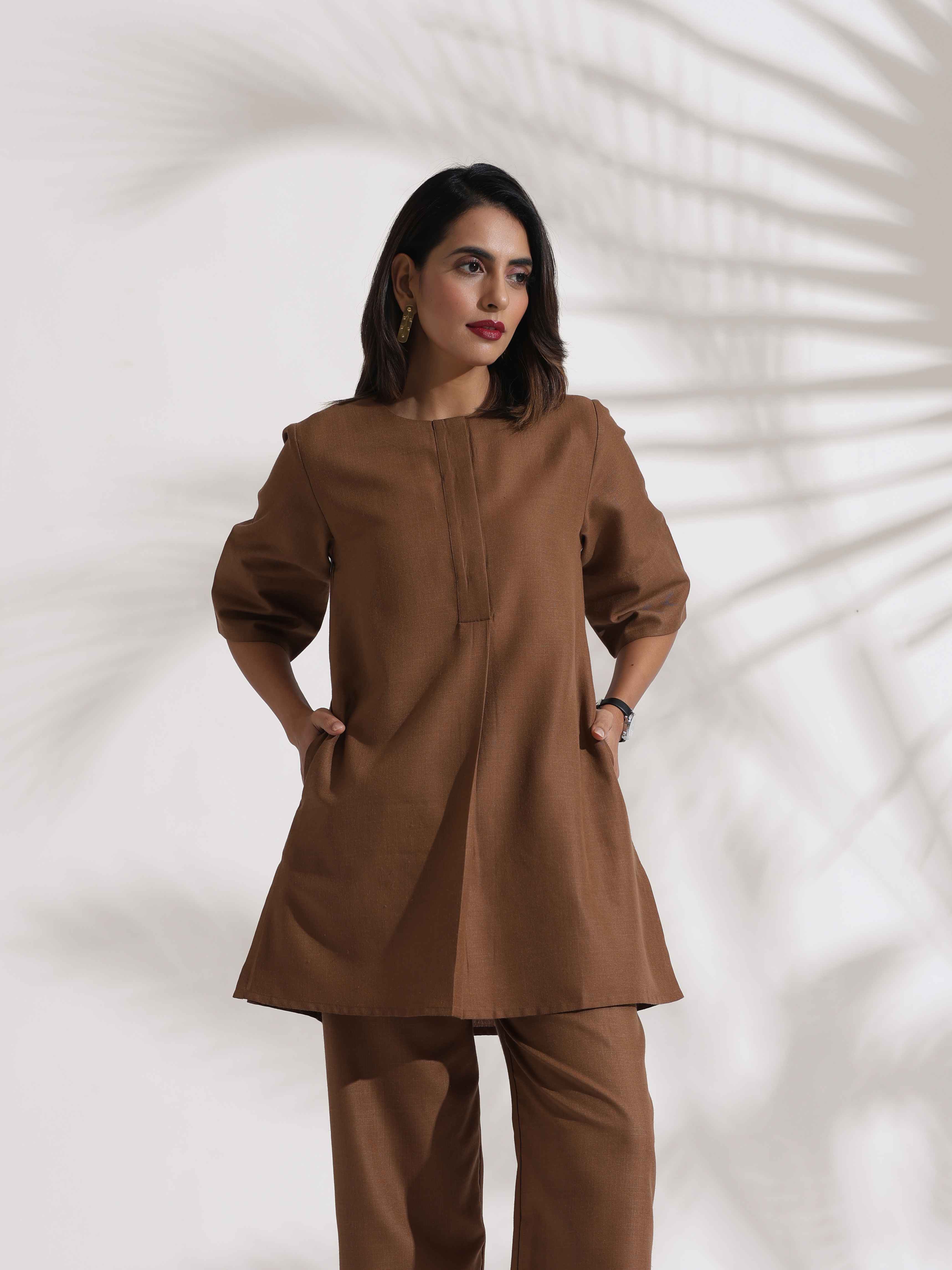 trueBrowns Brown Slub Co-ord Set | Grocsy