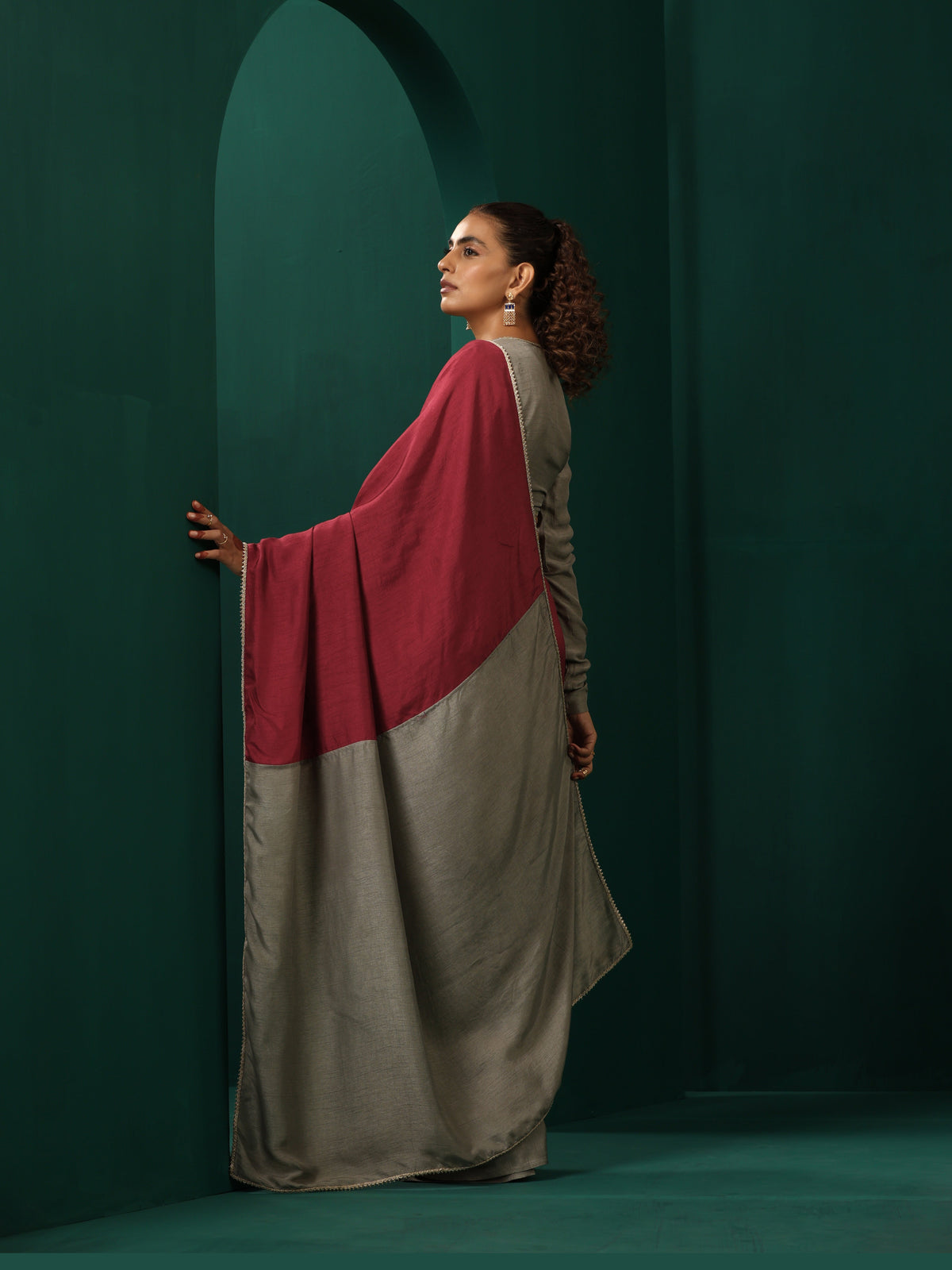 trueBrowns Grey Maroon Silk Ready to Wear Saree | Grocsy