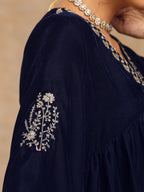 trueBrowns Midnight Blue Velvet Embroidered Kurta | Grocsy