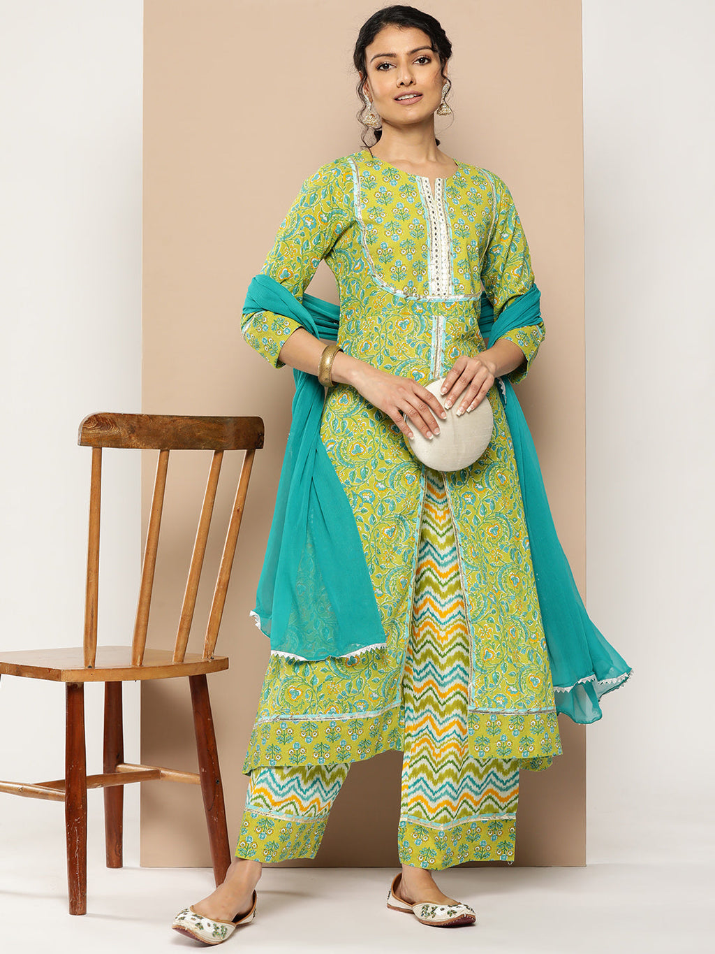 KSUT (House of Varanga) Green Floral Printed A-Line Kurta Paired With Printed Palazzo And Chiffon Dupatta | Grocsy