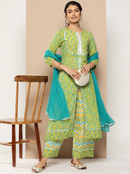 KSUT (House of Varanga) Green Floral Printed A-Line Kurta Paired With Printed Palazzo And Chiffon Dupatta | Grocsy