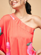 InWeave Women's Dark Orange Pink Blue Flower One Shoulder Kurta | Grocsy