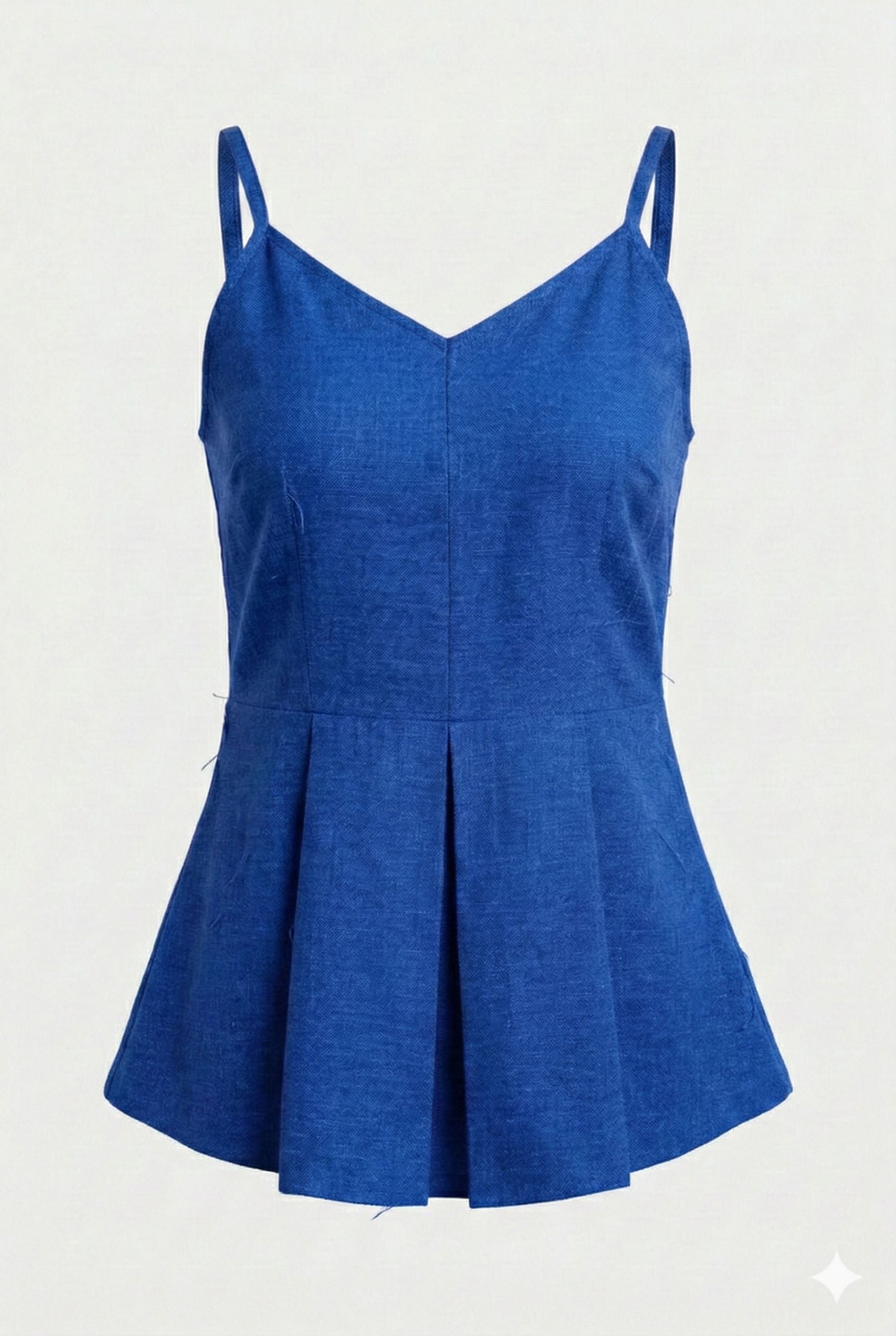 Myshka Women Blue Linen Shoulder Strap Pleated Top | Grocsy