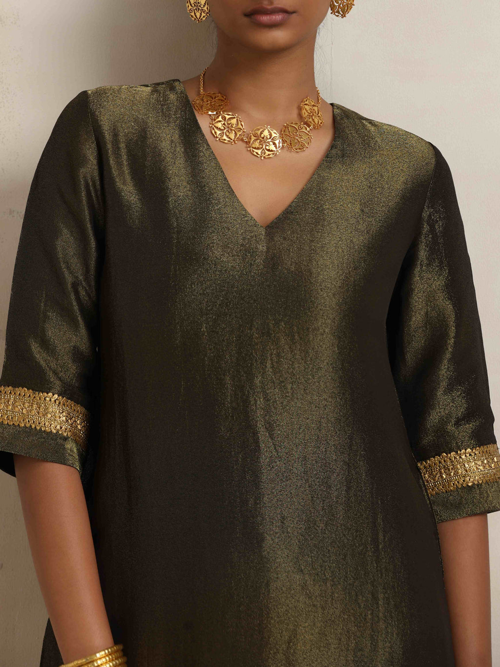 trueBrowns Olive Green Tissue Sharara Set | Grocsy