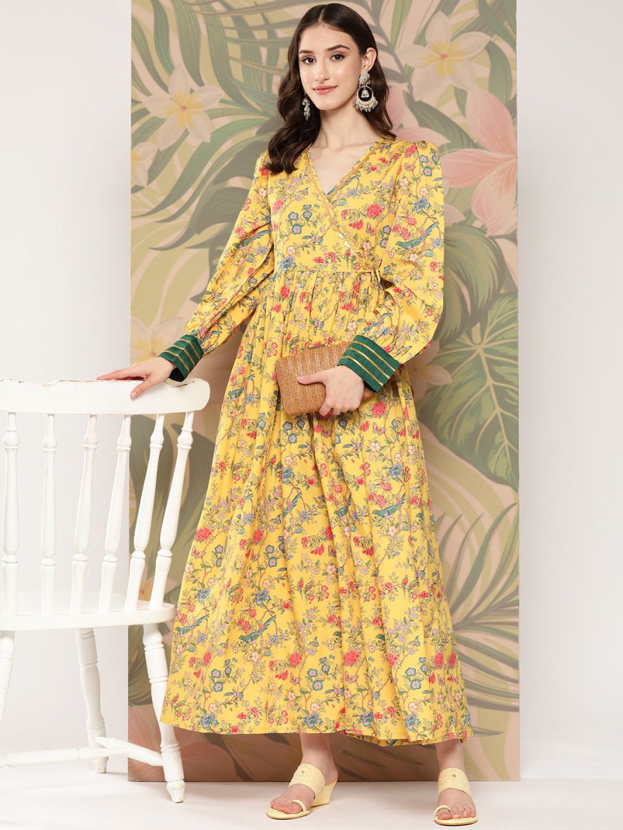 Ahalyaa Floral Printed Tie-Ups Crepe Empire Ethnic Dress | Grocsy