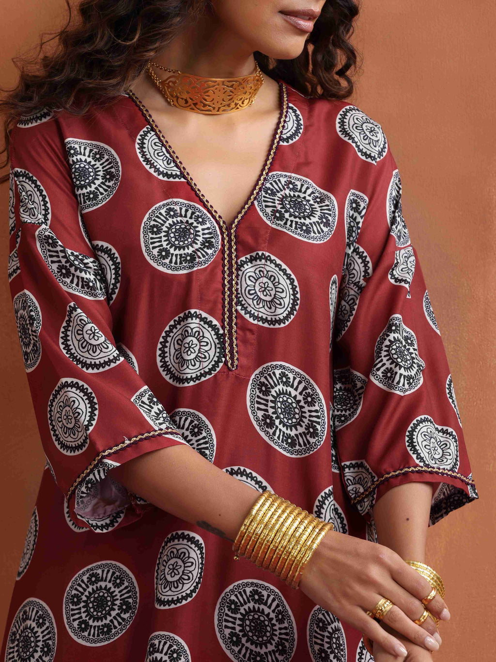 trueBrowns Maroon Print A-line Kurta Co-ord Set | Grocsy
