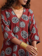 trueBrowns Maroon Print A-line Kurta Co-ord Set | Grocsy
