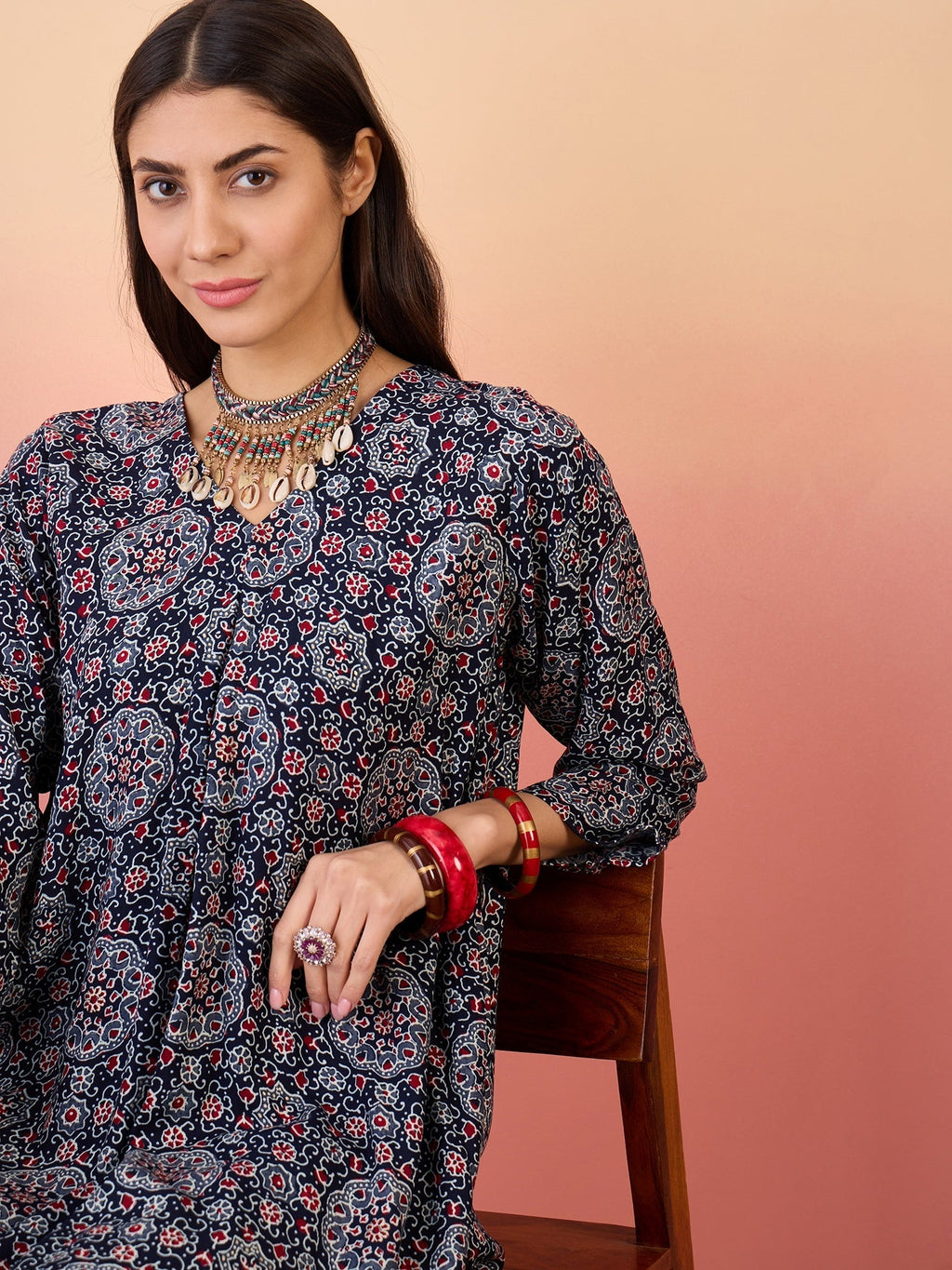 InWeave Navy Maroon Ajrakh Foil V Neck Kurta Pant Set | Grocsy