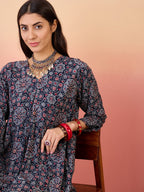 InWeave Navy Maroon Ajrakh Foil V Neck Kurta Pant Set | Grocsy
