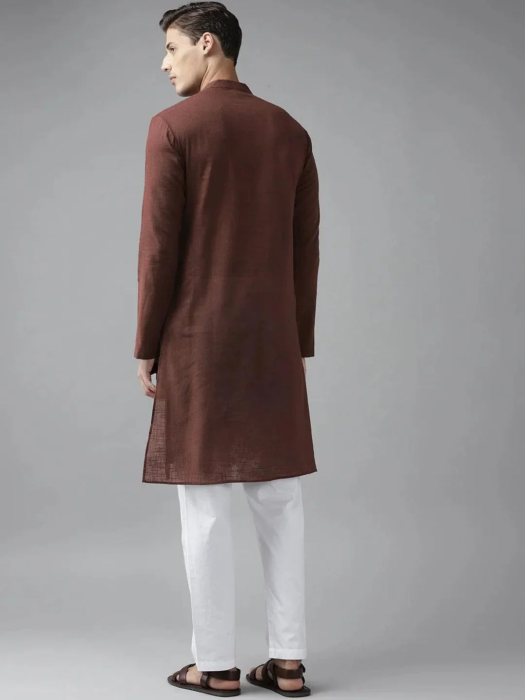 Fabmade Men Brown Cotton Linen Kurta | Grocsy