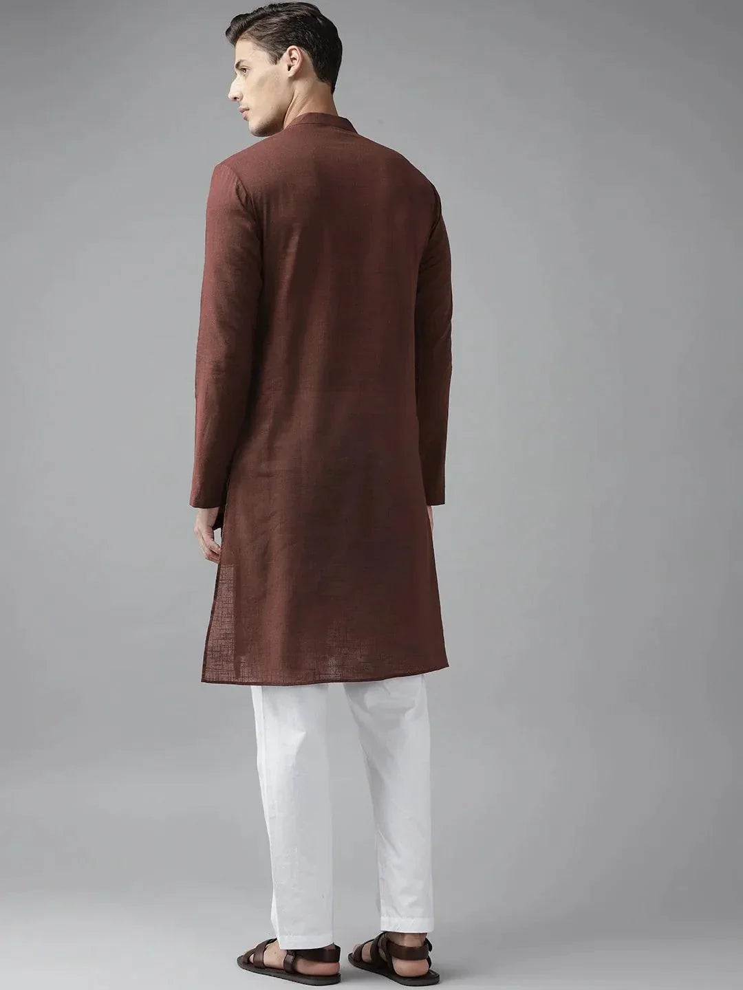 Fabmade Men Brown Cotton Linen Kurta | Grocsy