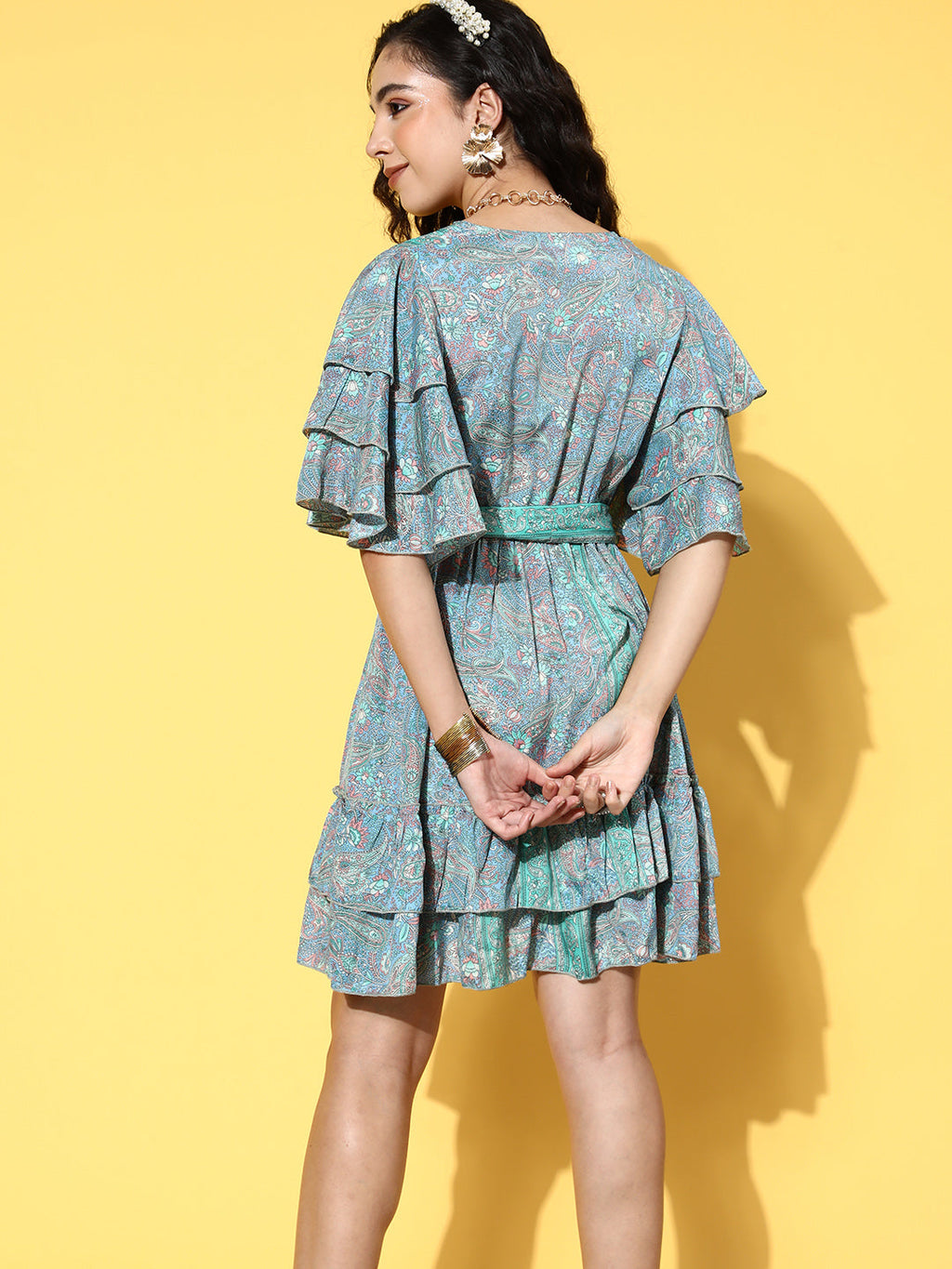 InWeave Women's Sparky Blue Ruffled Tie Up Dress | Grocsy